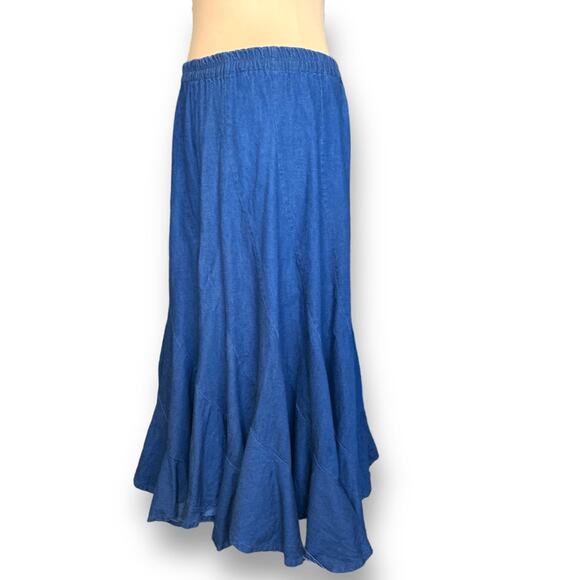 90s Alfredo’s Wife Denim Maxi Skirt Blue Tiered Flowy Boho Medium Wash Jean - Picture 6 of 9